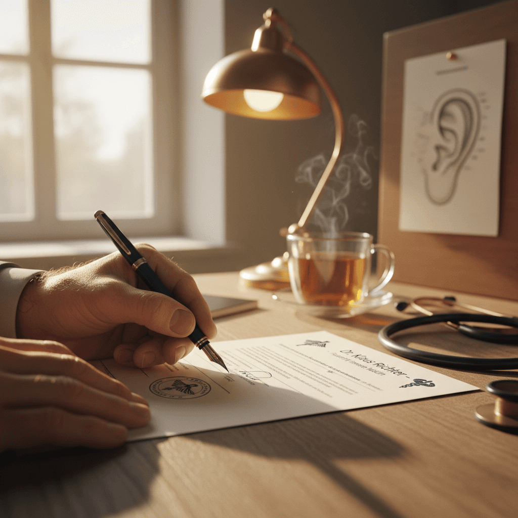 Hörgeräte-Verordnung mit Stempel, Stethoskop und Anatomie-Zeichnung