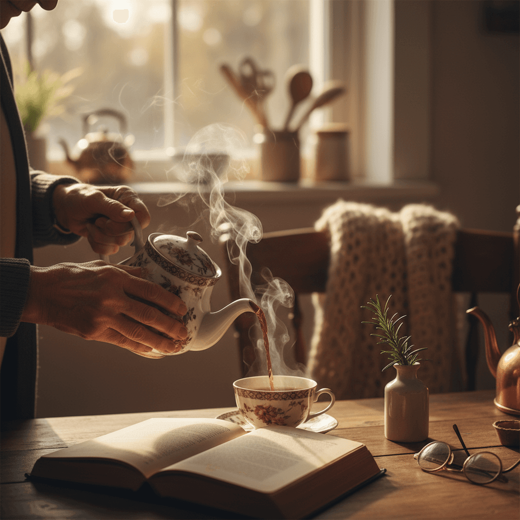 Hände einer älteren Person mit Teetasse, Buch und Brille